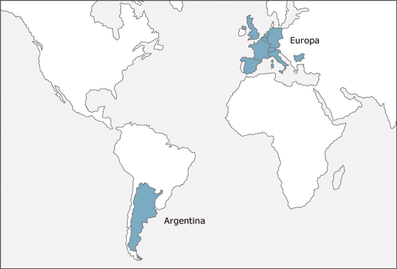 Gli stati in azzurro indicano la presenza di federazioni di emigrati sardi. Clicca sulla mappa
